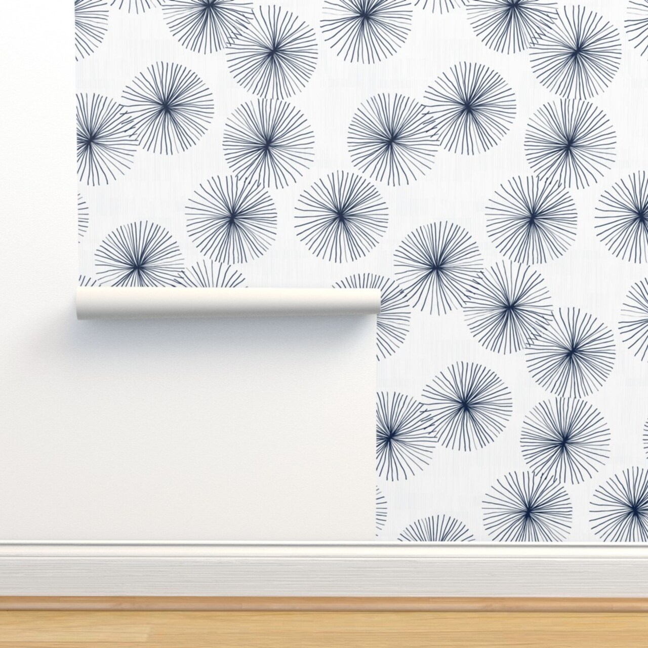 Mid Century Mod Abstract Dandelions White Navy Circle Snowflake Minimalist Dark Blue Custom Pre-pasted Wallpaper by Spoonflower Pre-Pasted Wallpaper 2FT Wide